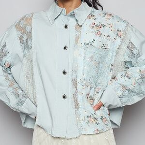 242 NWOT POL Blue Pattern & Denim Long Sleeve Button Shirt Blouse